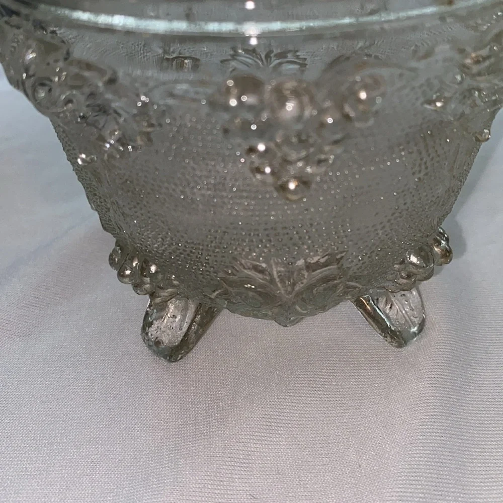 Depression glass footed jar & lid grapevine and leaf design clear glass vintage